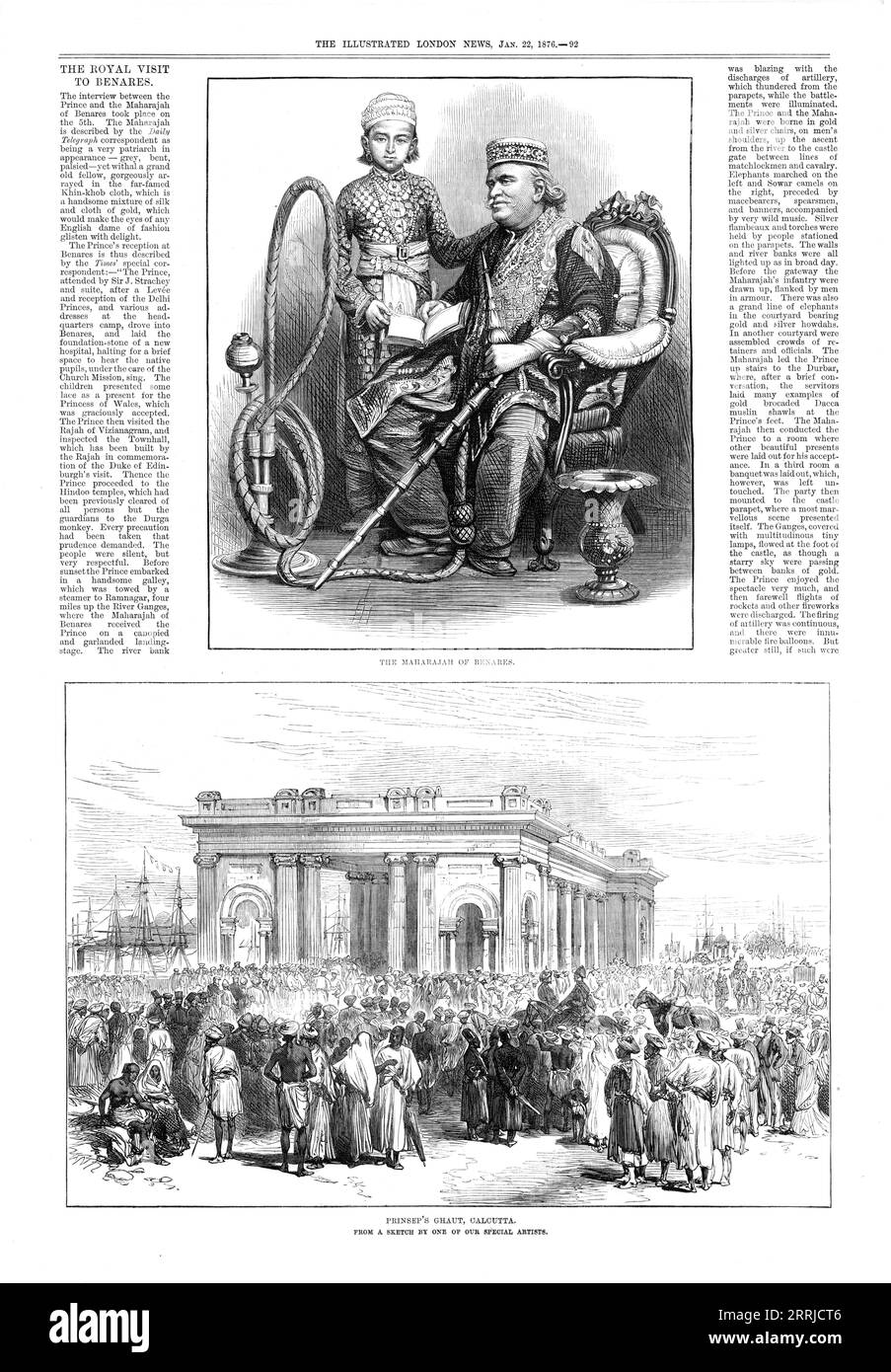 Il Maharajah di Benares, 1876. Visita del futuro re Edoardo VII in India. "Il Maharajah [Ishwari Prasad Narayan Singh] è descritto dal corrispondente del "Daily Telegraph" come un aspetto molto patriarca - grigio, piegato, pallido - ma con un vecchio Grand'uomo, magnificamente arruolato nel famoso tessuto Khin-khob, che è una bella miscela di seta e stoffa d'oro, il che avrebbe fatto brillare gli occhi di qualsiasi donna inglese della moda... il Maharajah ha portato il principe [del Galles] su per le scale fino al Durbar, dove, dopo una breve conversazione, i servitori hanno dato molti esempi Foto Stock