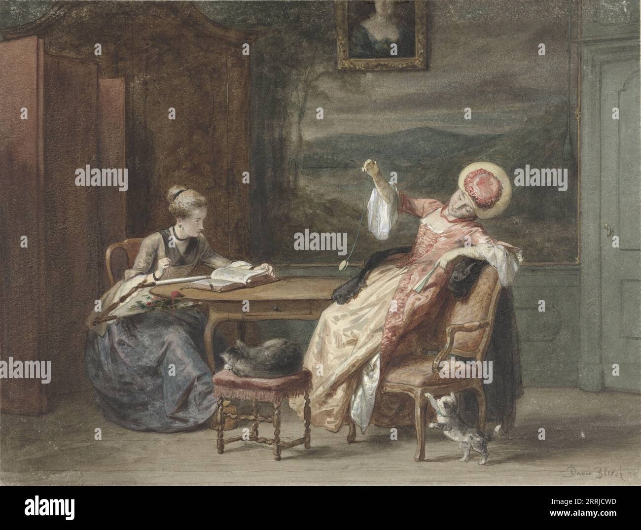 Due giovani donne a un tavolo, 1870. Uno legge la Bibbia e fa ricami, mentre l'altro prende in giro un gattino con uno yo-yo. Foto Stock