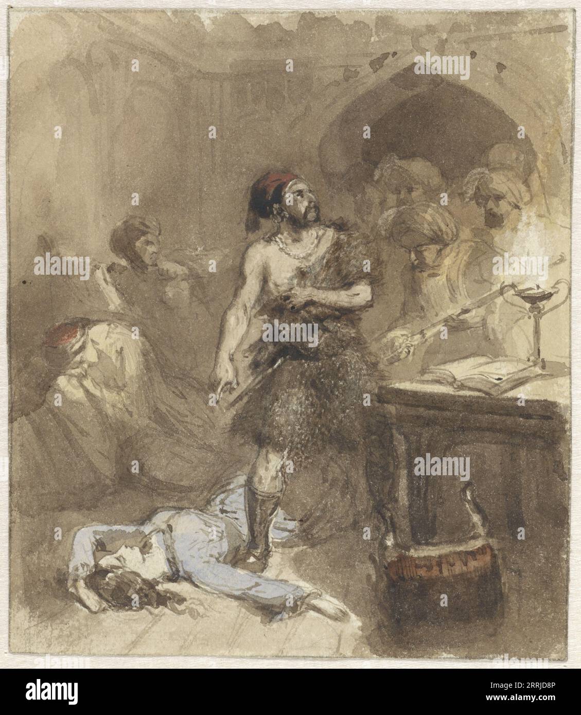 Un uomo che indica una donna sdraiata per terra, 1824-1888. In un interno in stile moresco, un uomo in un fez indica una donna incline. Foto Stock