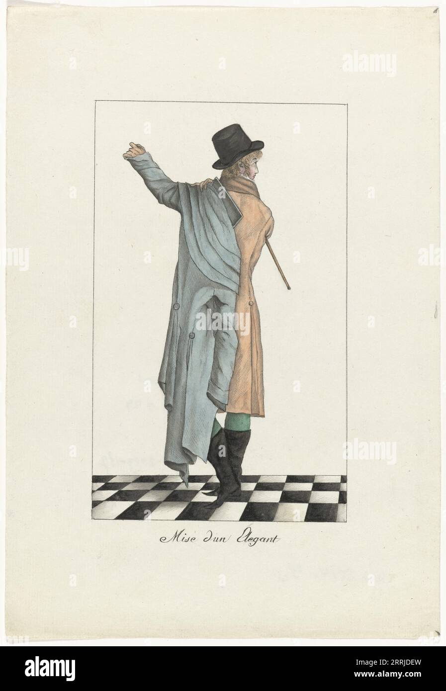 Vestito elegante, 1800. "Mise d'un &#xe9;legant". Un uomo indossa un cappotto con tre pieghe a spalla (Carrick) su giacca e pantaloni. Accessori: Cappello, piccolo bastoncino da passeggio, stivali con punta a punta. Disegno per stampa n.. 187 (RP-P-2009-1391) in Journal des Dames et des Modes, Costume Parisien, 15 gennaio 1800, AN 8. Foto Stock