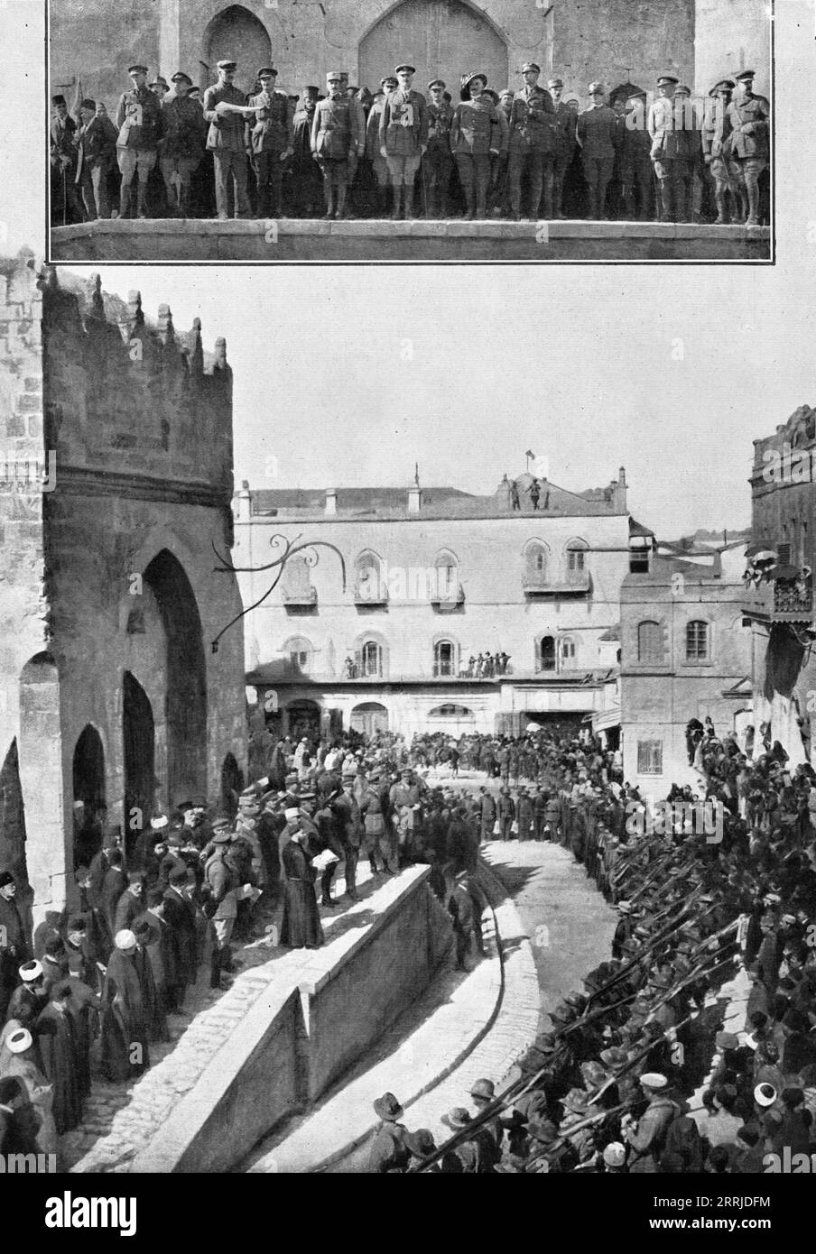 "Fronti lontani, a Gerusalemme; il discorso, l'11 dicembre 1917, della proclamazione del generale Allenby alla popolazione della città, alla presenza dello staff delle truppe alleate, sui gradini della Torre di Davide, prima dell'esistenza di Cristo, 1917 da "l'album de la Guerre 1914-1919, volume 2" [l'illustrazione, Parigi, 1924]. Foto Stock