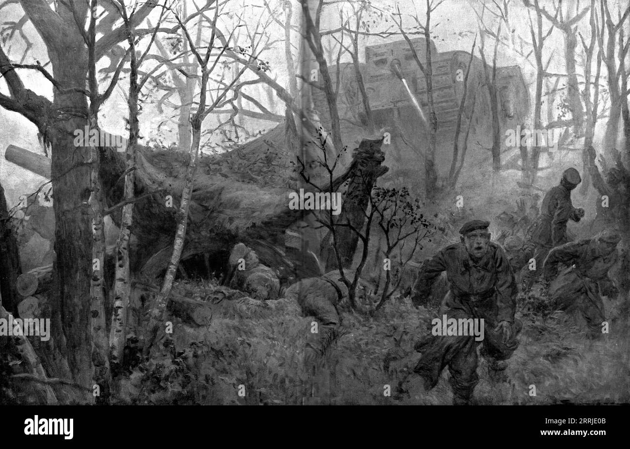 "Offensiva britannica a Cambrai; cannoni tedeschi sorpresi da un carro armato", 1917. Da "l'album de la Guerre 1914-1919, volume 2" [l'Illustration, Paris, 1924]. Foto Stock