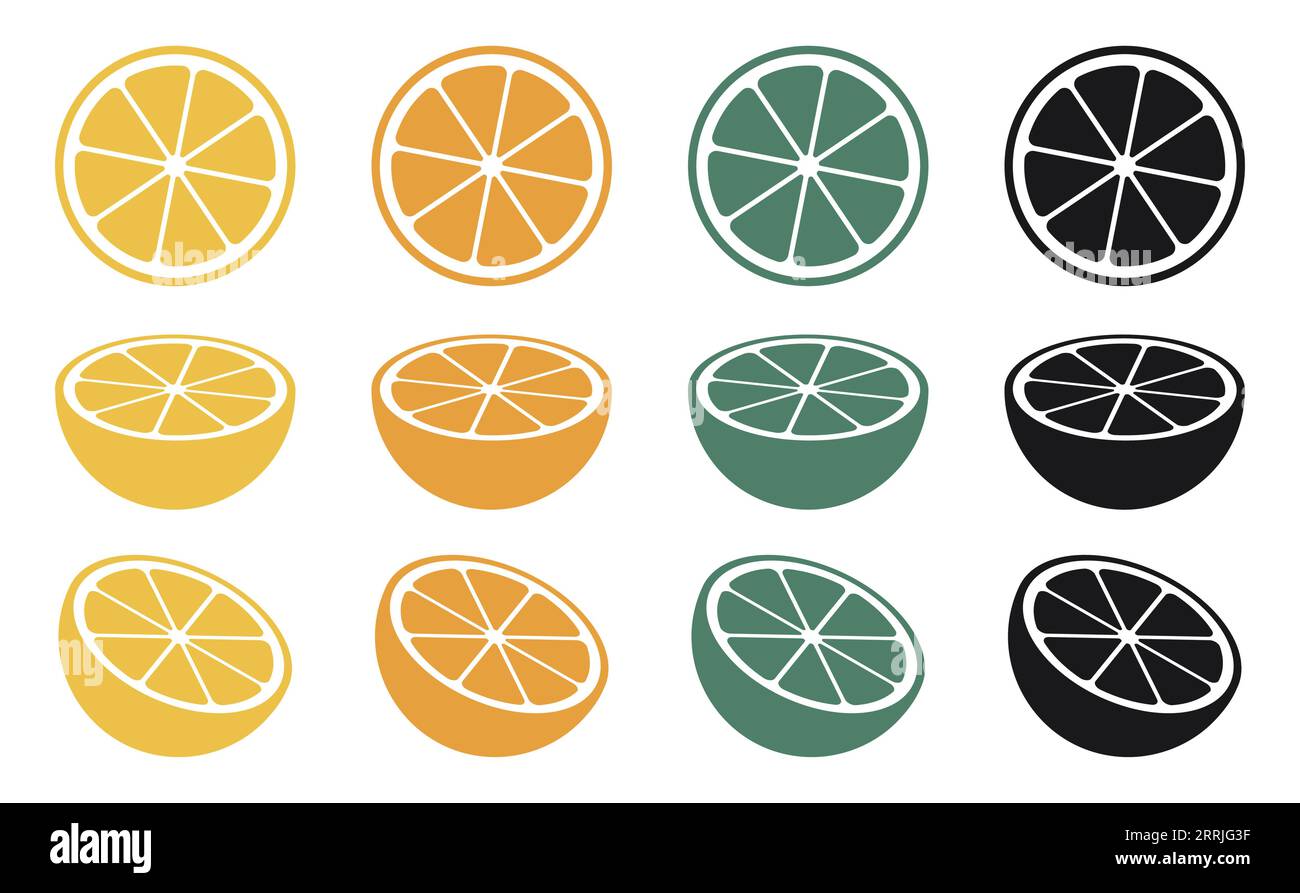 Fetta di limone, fetta d'arancia, fetta di lime dolce e icona vettoriale di agrumi Illustrazione Vettoriale