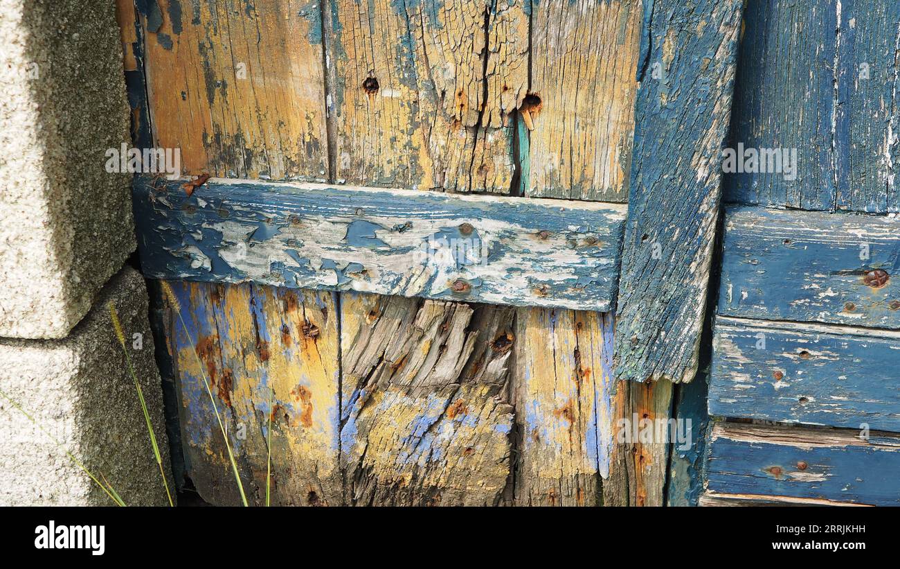 Rustico, stagionato, porta della casa della barca Foto Stock