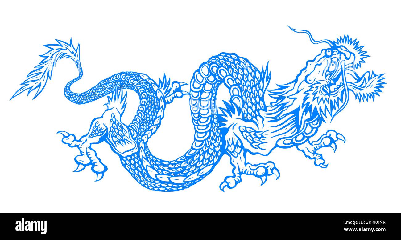 Illustrazione vettoriale di un drago blu cinese. Tatuaggio di drago asiatico blu. Illustrazione Vettoriale