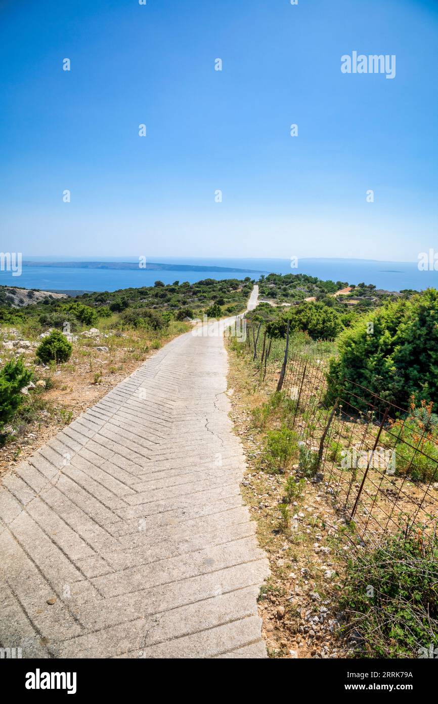 Europa, Croazia, regione di Primorje-Gorski Kotar, Mundanije, isola di Rab, la strada sterrata del monte Kamenjak Foto Stock