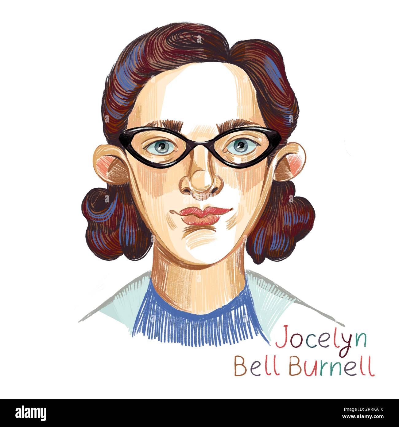 Jocelyn Bell Burnell matita colorata ritratto tratteggiato su sfondo bianco. Astrofisico dell'Irlanda del Nord che, come studente post-laurea, discoteca Foto Stock