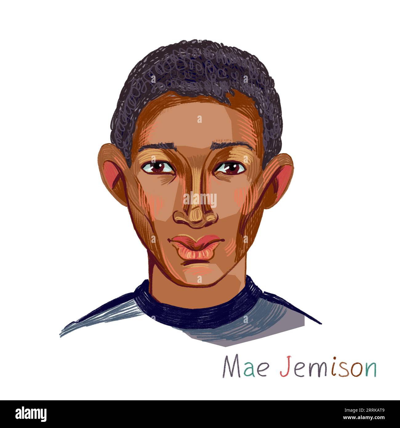 Mae Jemison matita colorata ritratto tratteggiato su sfondo bianco. Ingegnere americano, medico ed ex astronauta della NASA Foto Stock