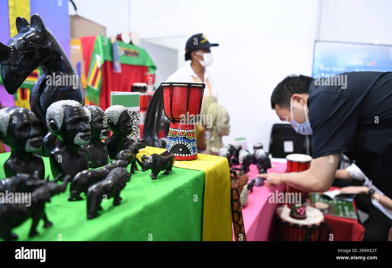 220904 -- PECHINO, 4 settembre 2022 -- la gente visita lo stand dello Zimbabwe al Parco Shougang durante la China International Fair for Trade in Services CIFTIS 2022 a Pechino, capitale della Cina, 4 settembre 2022. Un totale di 71 paesi e organizzazioni internazionali partecipano al CIFTIS 2022 tenutosi a Pechino dal 31 agosto al 5 settembre. Il CIFTIS di quest'anno, a tema cooperare per uno sviluppo migliore, innovare per un futuro più ecologico, presenta una maggiore internazionalizzazione con la partecipazione di oltre 2.400 aziende, tra cui oltre 400 aziende Global Fortune 500 e aziende leader del settore. CINA Foto Stock