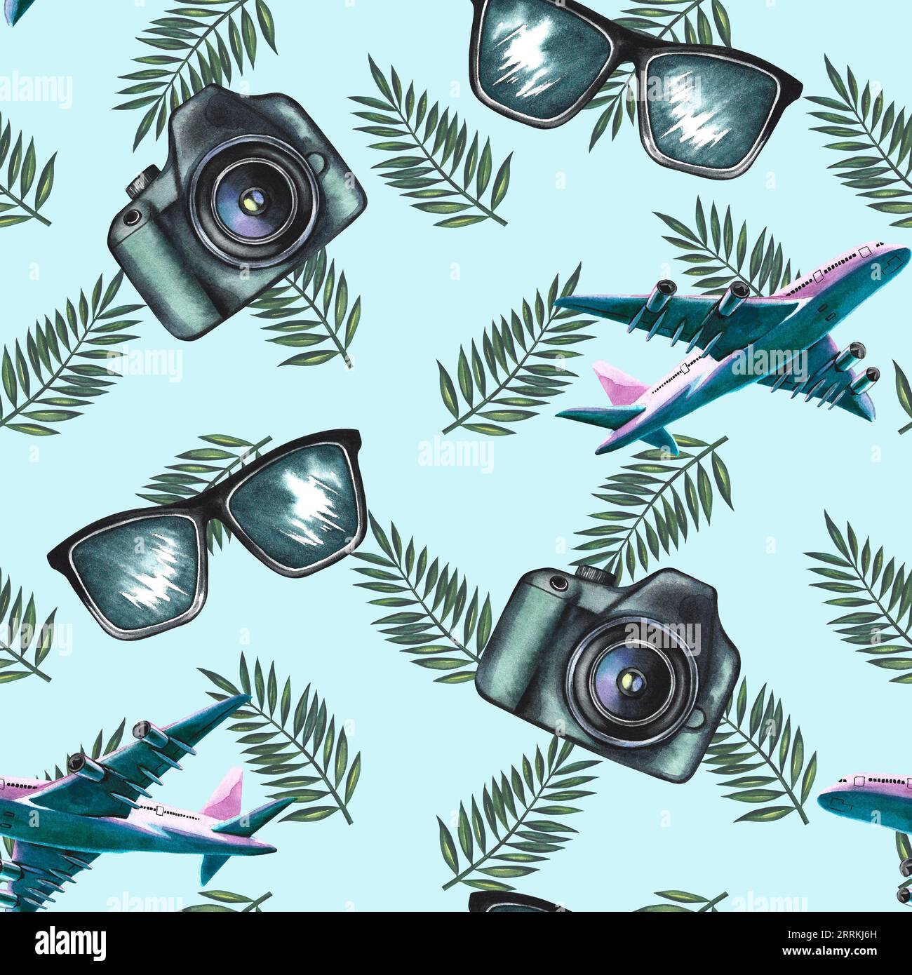 Modello senza cuciture con aerei passeggeri, rami di palmo, accessori fotografici e occhiali. Illustrazione ad acquerello, disegnata a mano. Su sfondo blu. A cr Foto Stock
