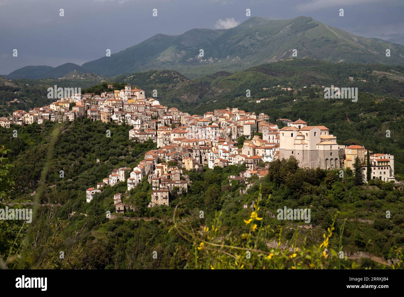 Bella vista sulla città bianca, borgo montano mediterraneo in mezzo alla natura, Rivello, Campania, Salerno, Italia Foto Stock