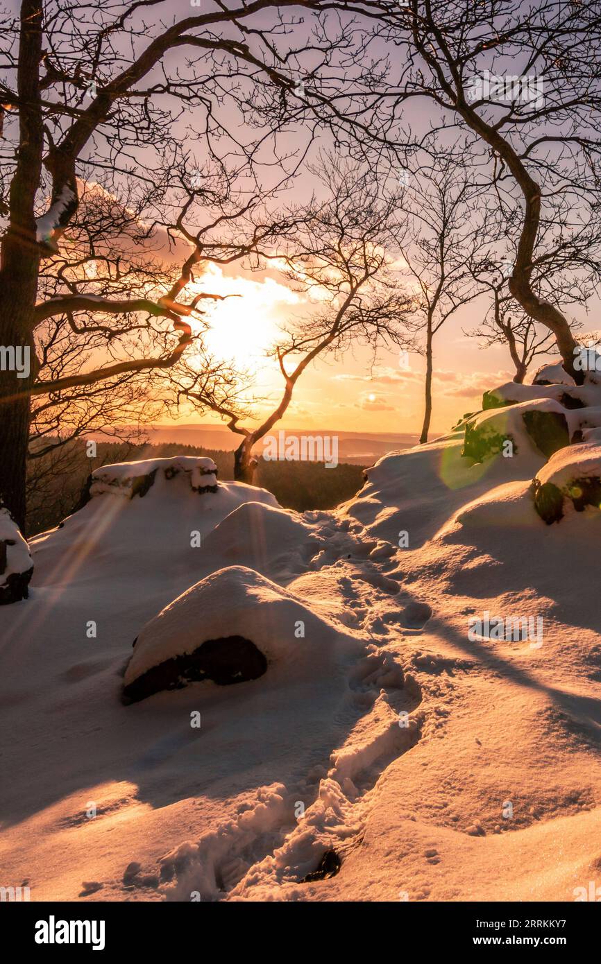 Splendido paesaggio invernale sul fiume Taunus, inverno nella foresta, splendida vista sulla natura della Germania Foto Stock