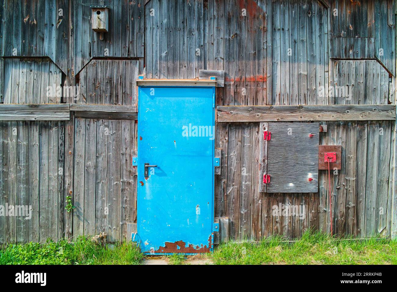 Porta blu chiaro luminoso su un capannone di legno nel porto di Varel. Foto Stock