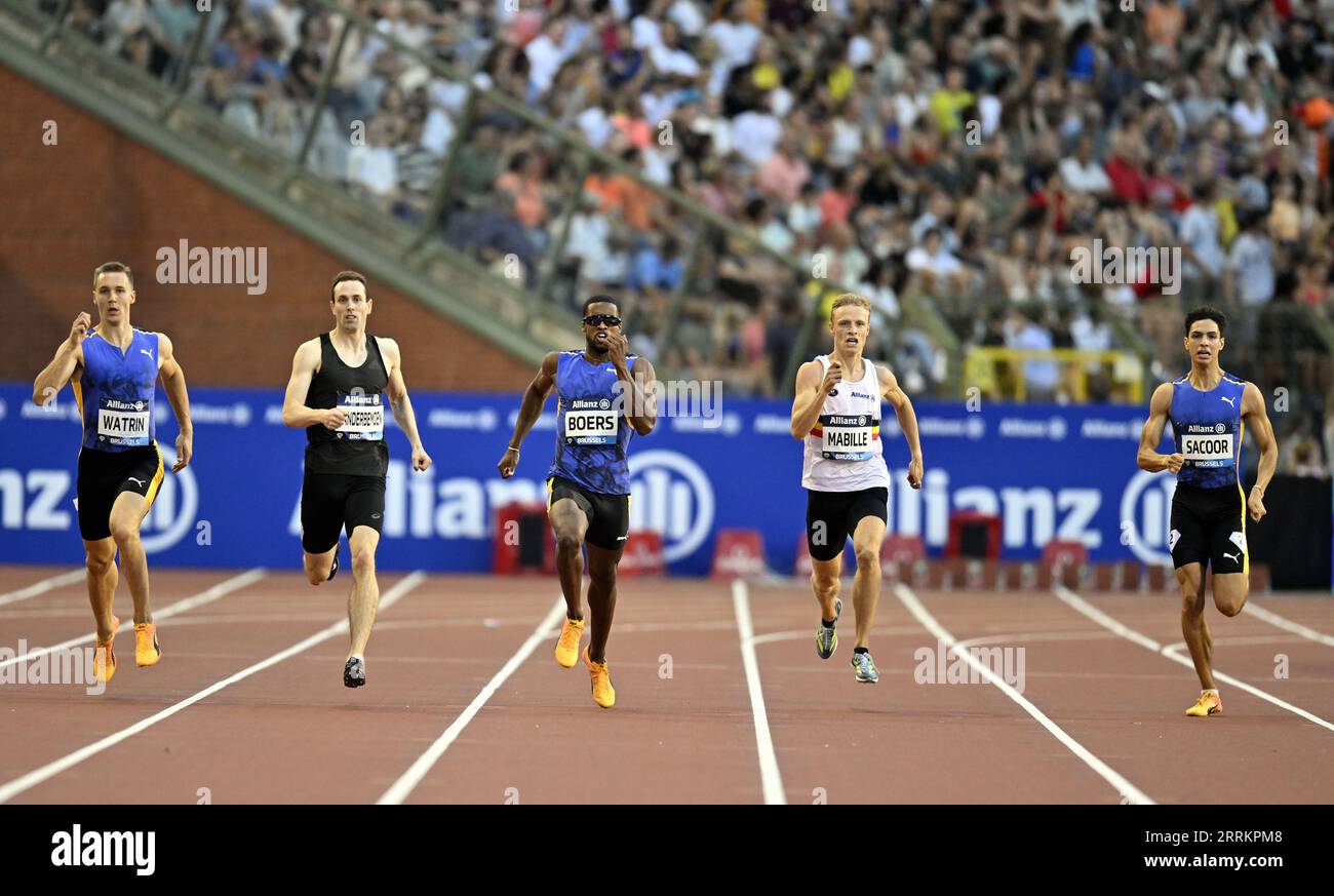 Bruxelles, Belgio. 8 settembre 2023. Belga Julien Watrin, belga Robin Vanderbemden, olandese Isayah Boers, belga Florent Mabille, belga Jonathan Sacoor e azione raffigurata in azione durante la gara dei 400 m, all'edizione 2023 del Memorial Van Damme Diamond League Meeting, evento di atletica leggera, a Brussel, venerdì 08 settembre 2023. BELGA PHOTO ERIC LALMAND Credit: Belga News Agency/Alamy Live News Foto Stock