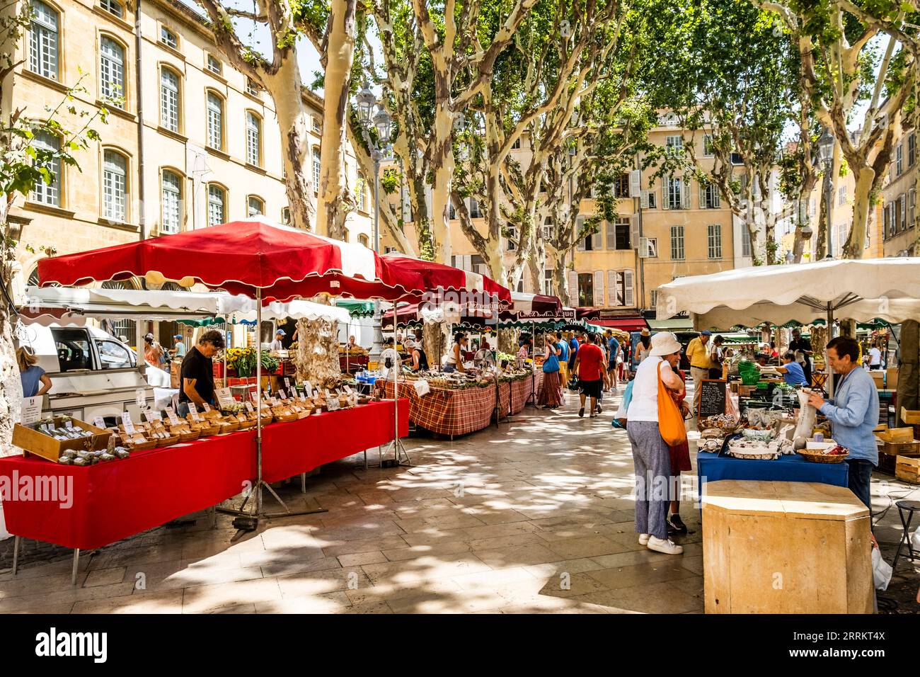 Mercato e gente nei vicoli della città vecchia di Aix-en-Provence, Provenza, Francia meridionale, Europa Foto Stock