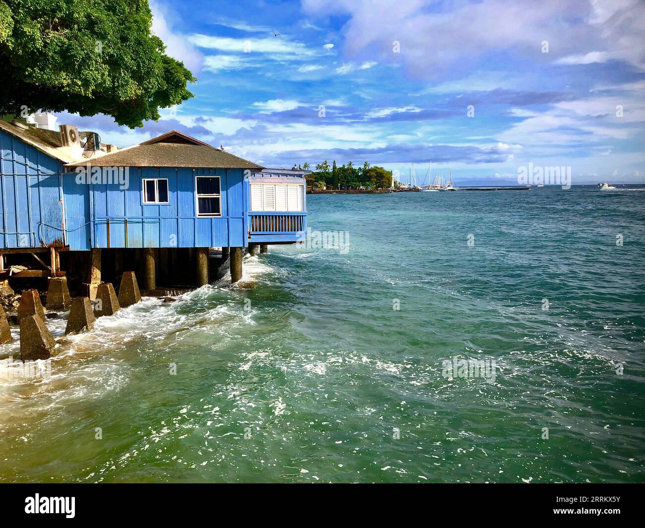 Immagine di Lahaina Bay presa da un ristorante accanto all'acqua. Foto Stock