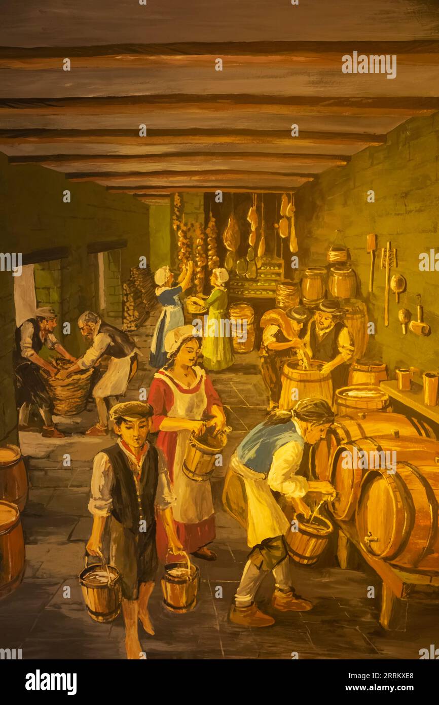 Inghilterra, Dorset, Shaftesbury, Gold Hill Museum, pittura raffigurante l'area di stoccaggio dei pub una volta nella cripta della chiesa di San Pietro Foto Stock