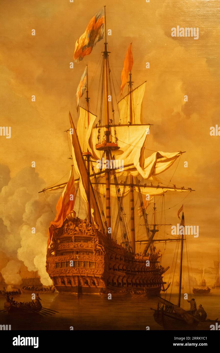 Inghilterra, Londra, Greenwich, The Queen's House, Painting of the British Gallion Royal Sovereign di Willem Van de Velde il giovane Foto Stock
