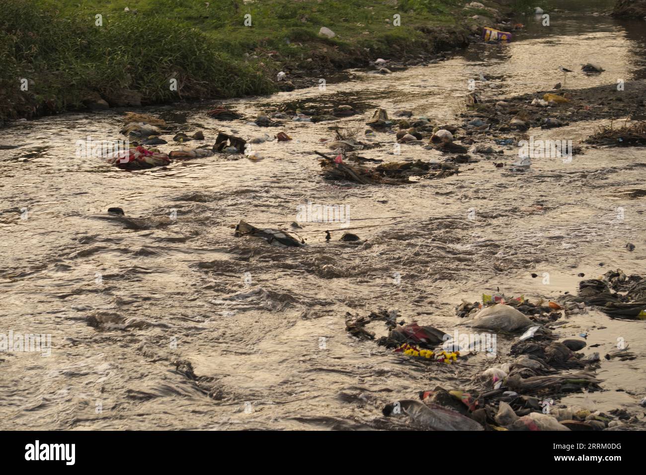 Rajkot, India. 8 settembre 2023. La presenza di un cumulo di rifiuti nell'acqua del fiume Aji vicino al tempio di Ramnath a Rajkot è una questione di preoccupazione e richiede un'azione immediata. Crediti: Nasirkhan Davi/Alamy Live News Foto Stock