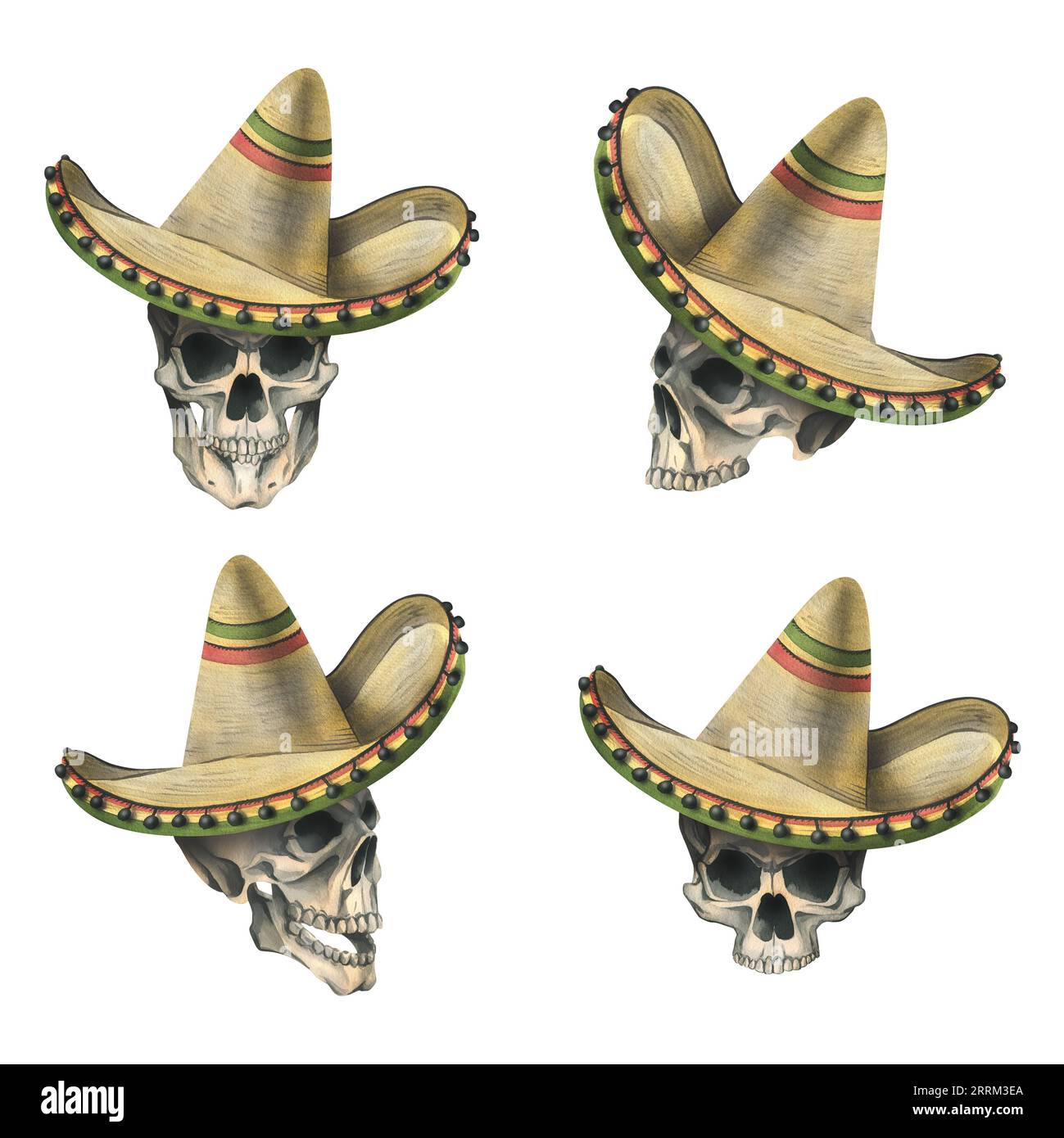 Un teschio umano in un cappello sombrero con ornamento . Illustrazione ad acquerello disegnata a mano per il giorno dei morti, halloween, dia de los muertos. Set di Foto Stock