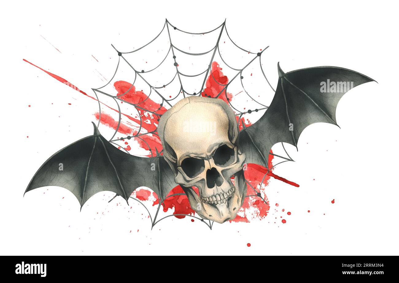 Vista frontale di un teschio umano con ali di pipistrello nere con macchie di sangue e ragnatele per le festività del giorno della morte e di Halloween. Illustrazione acquerello Foto Stock