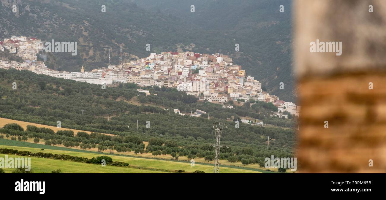 Villaggio panoramico Moulay Idriss du Zerhoun visto dal sito archeologico Volubilis, Marocco Foto Stock