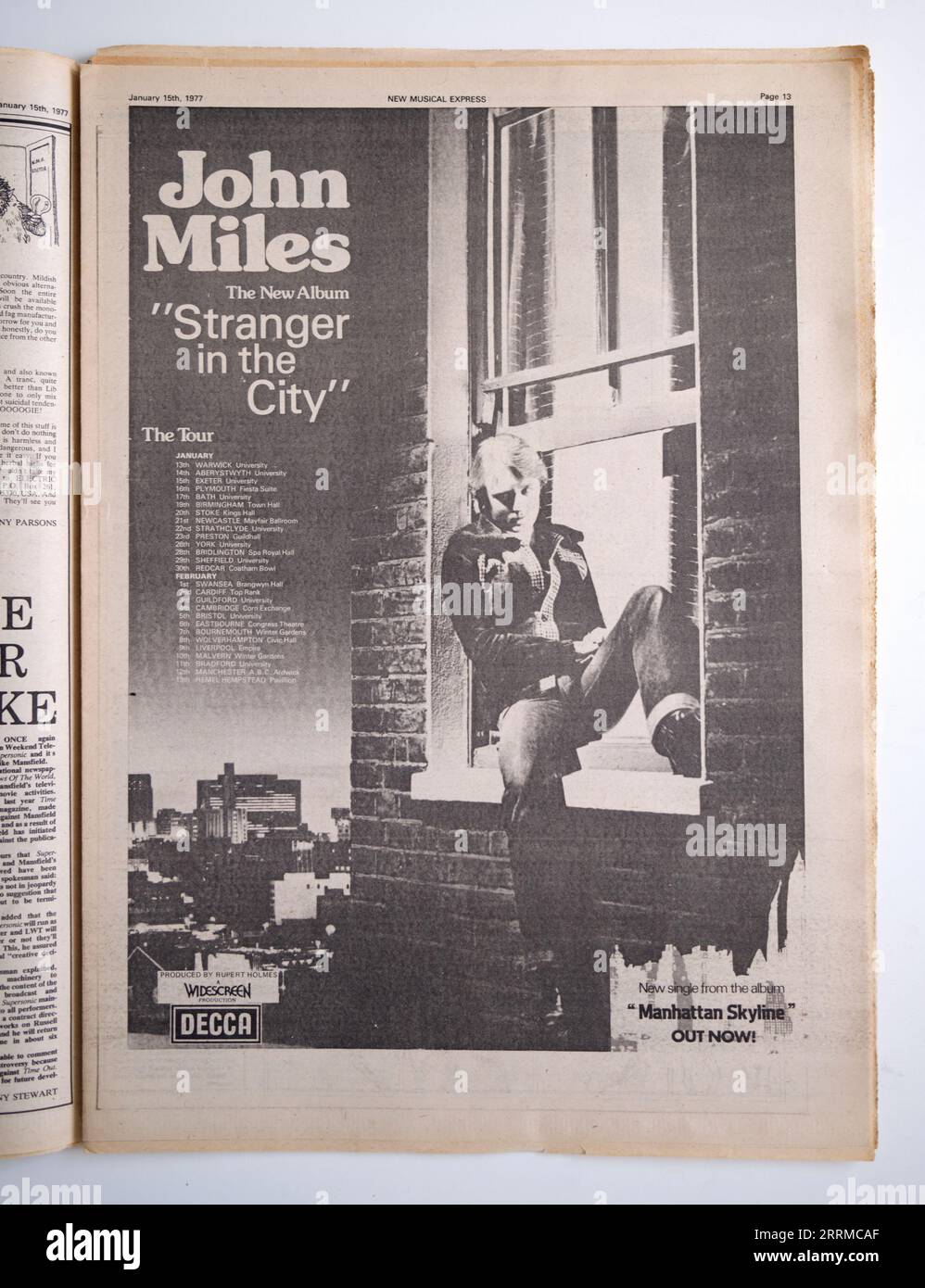 Pubblicità per l'album di John Miles "Stranger in the City" in New Music Express NME Foto Stock