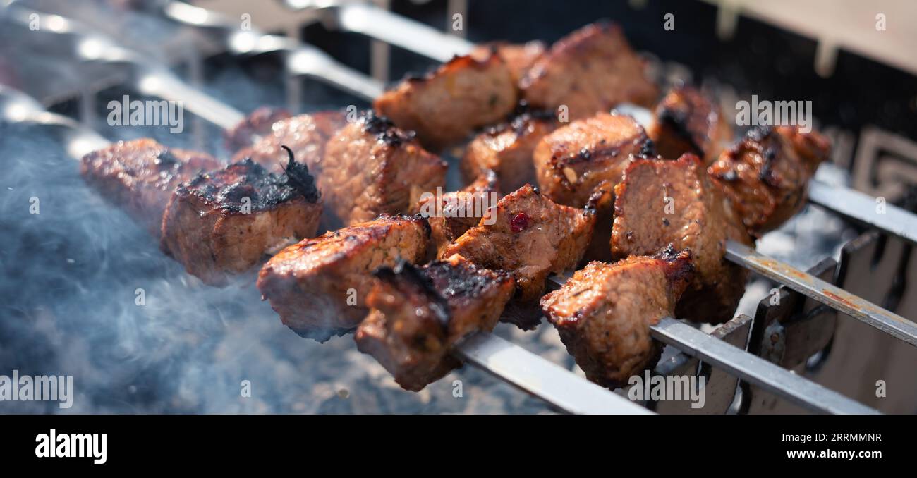 Grill Perfection: Creazione di deliziosi Kebab Mangal Shish Foto Stock