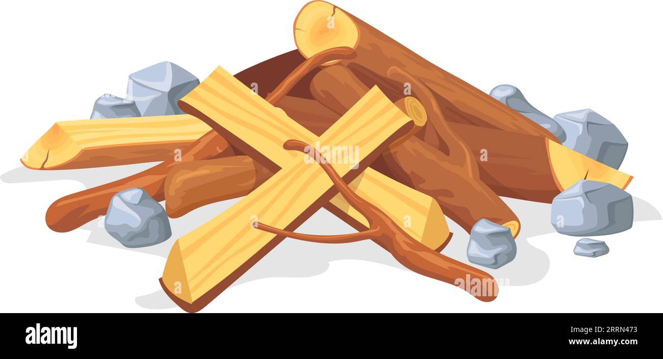 Pila di legna da ardere e pietre. Icona in legno del fuoco dei cartoni animati isolata su sfondo bianco Illustrazione Vettoriale