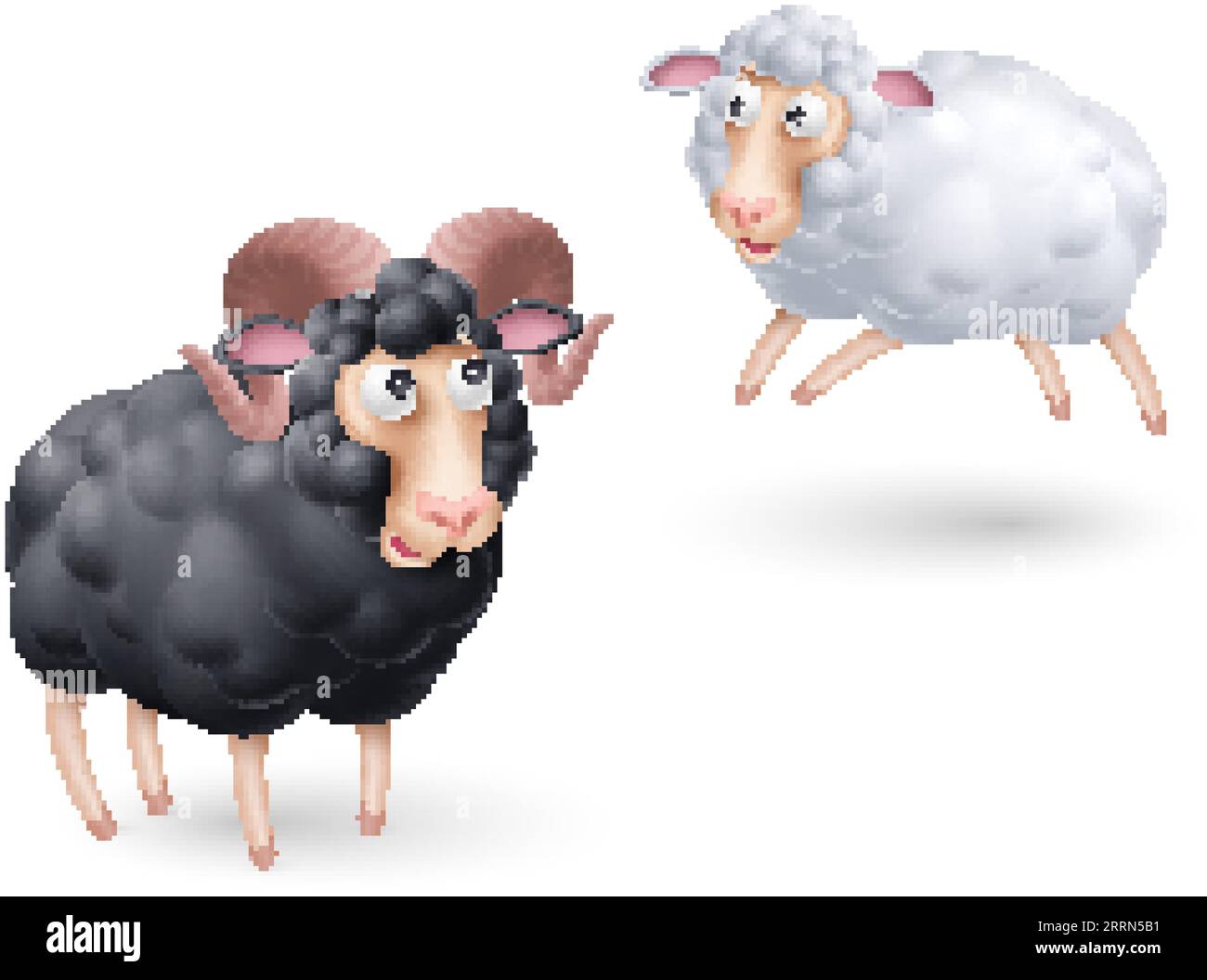 Simpatici e divertenti due personaggi delle pecore nere e bianche. Illustrazione del cartone animato di coppia di pecore su sfondo bianco. Modello perfetto per la firma di eventi per bambini Illustrazione Vettoriale