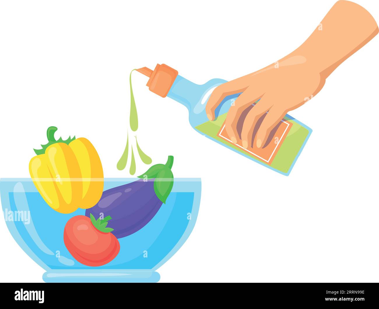 Versare l'olio sulle verdure dell'insalata nell'icona di colore della ciotola di vetro isolata su sfondo bianco Illustrazione Vettoriale