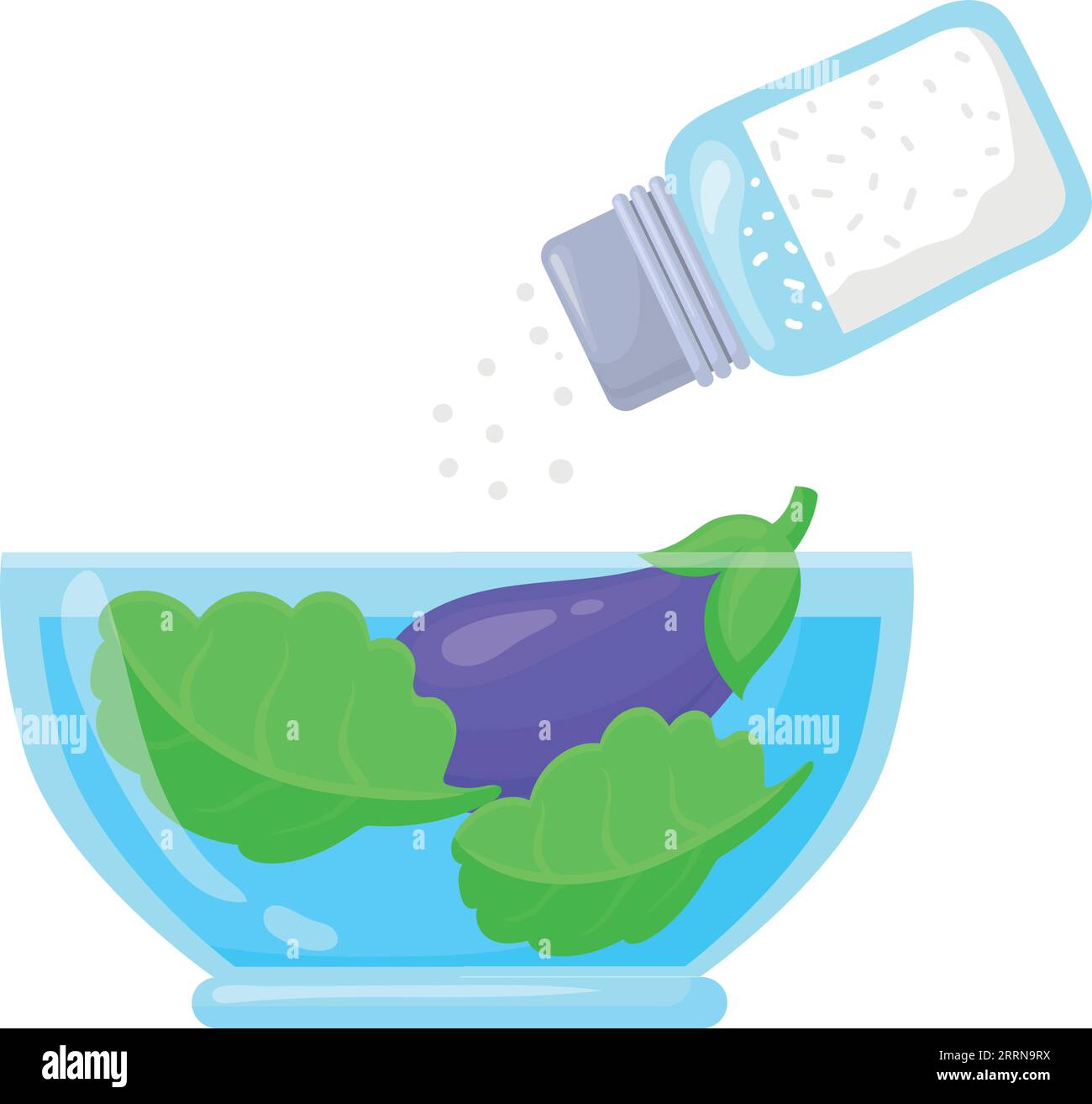 Versare il sale sulle verdure in un recipiente di vetro. Icona del colore di cottura isolata su sfondo bianco Illustrazione Vettoriale