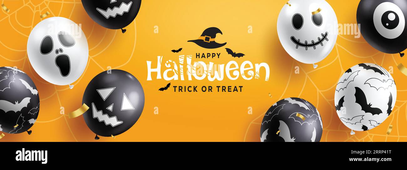 Buon halloween. Il trucco di Halloween o la carta d'invito con i terrificanti palloncini fantasma e teschio per decorare l'orrore. Illustrazione Vettoriale