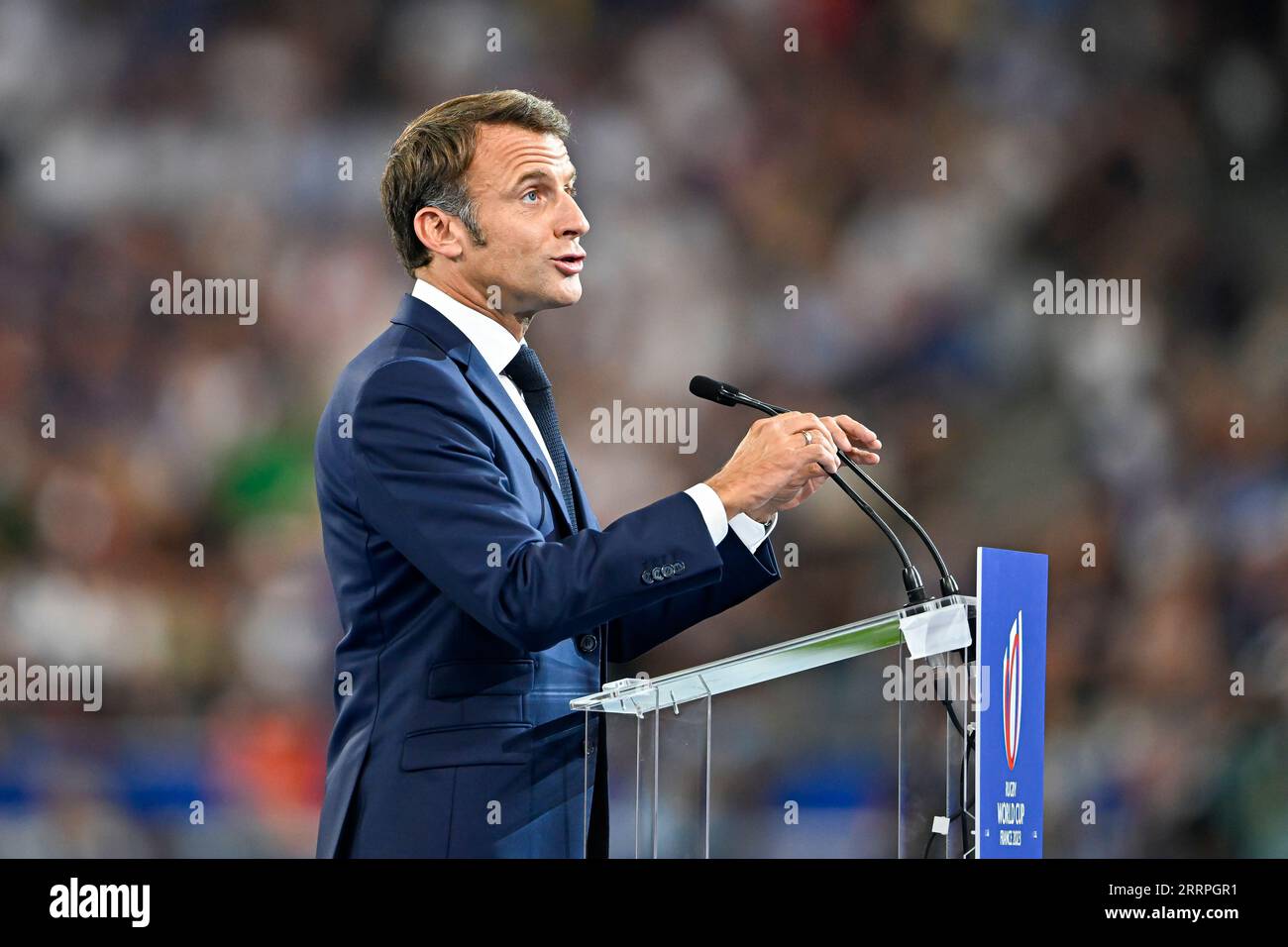 Parigi, Francia. 8 settembre 2023. Emmanuel Macron durante la Coppa del mondo di rugby RWC 2023, Pool A match tra Francia e nuova Zelanda l'8 settembre 2023 allo Stade de France di Saint-Denis vicino Parigi. Crediti: Victor Joly/Alamy Live News Foto Stock