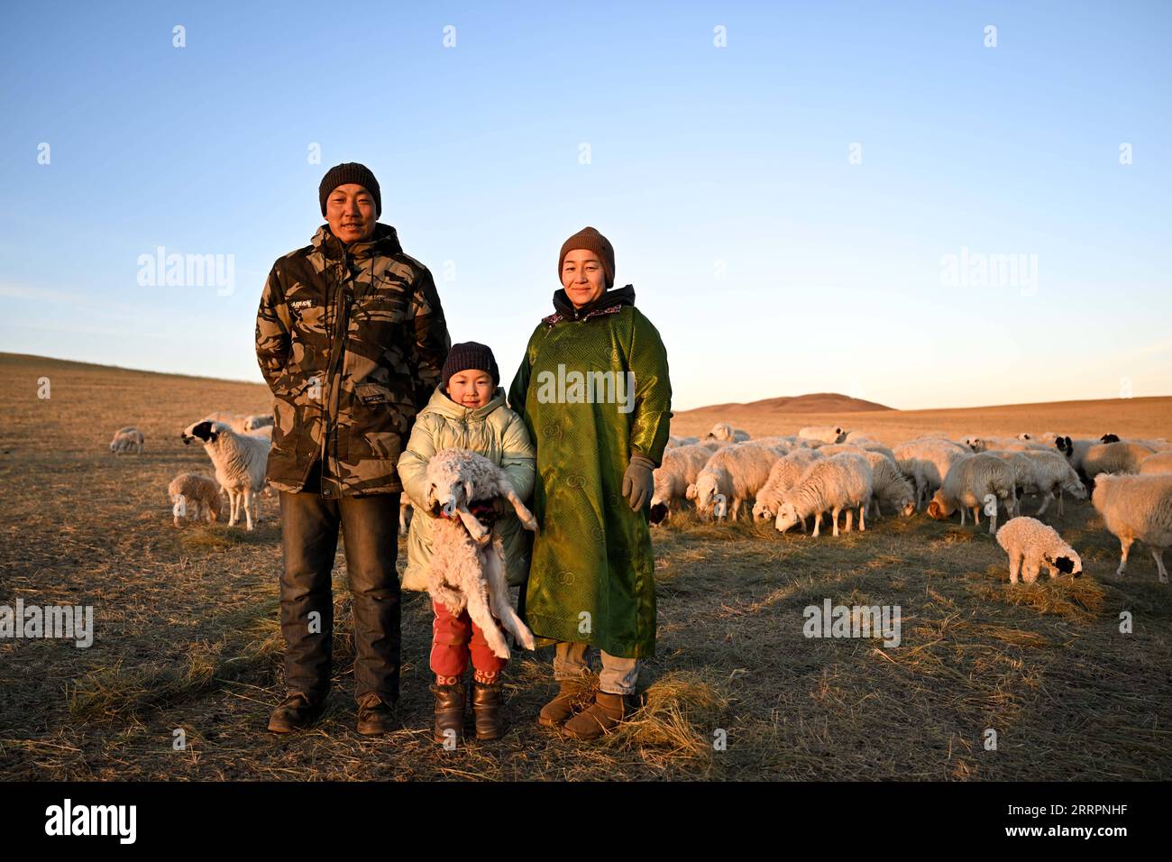 230403 -- XILINGOL LEAGUE, 3 aprile 2023 -- Herdsman Tsogdelger L posa per una foto di gruppo con la moglie Munguntuya R e la figlia Halgian nel pascolo di Ujimqin Occidentale Banner della Xilingol League, regione autonoma della Mongolia interna della Cina settentrionale, 29 marzo 2023. In primavera, la stagione più movimentata dell'anno, Tsogdelger, un allevatore del gruppo etnico mongolo, e la sua famiglia hanno bisogno di assistere con agnello e nutrire il bestiame ogni giorno. Più di 280 agnelli sono nati nella sua fattoria dal 18 marzo. Dall'inizio di quest'anno fino al marzo 30, un totale di 581.300 figli sono nati a West Ujimqin Bann Foto Stock