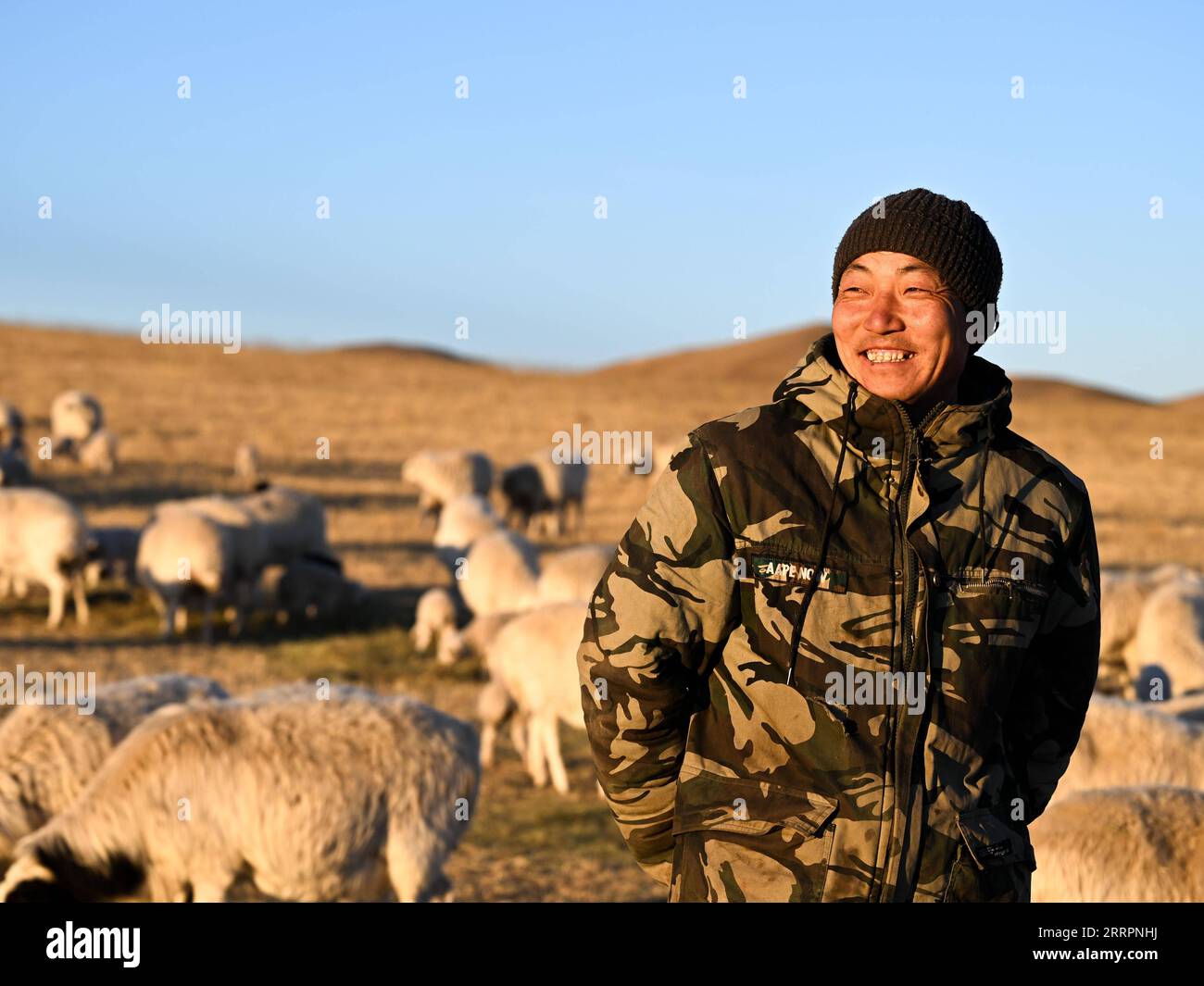 230403 -- XILINGOL LEAGUE, 3 aprile 2023 -- Herdsman Tsogdelger sorride nel pascolo in West Ujimqin Banner of Xilingol League, regione autonoma della Mongolia interna della Cina settentrionale, 29 marzo 2023. In primavera, la stagione più movimentata dell'anno, Tsogdelger, un allevatore del gruppo etnico mongolo, e la sua famiglia hanno bisogno di assistere con agnello e nutrire il bestiame ogni giorno. Più di 280 agnelli sono nati nella sua fattoria dal 18 marzo. Dall'inizio di quest'anno fino al marzo 30, nella West Ujimqin Banner sono nati in totale 581.300 figli, di cui 100.900 grandi capi di bestiame e 480.400 piccoli capi di bestiame, Foto Stock