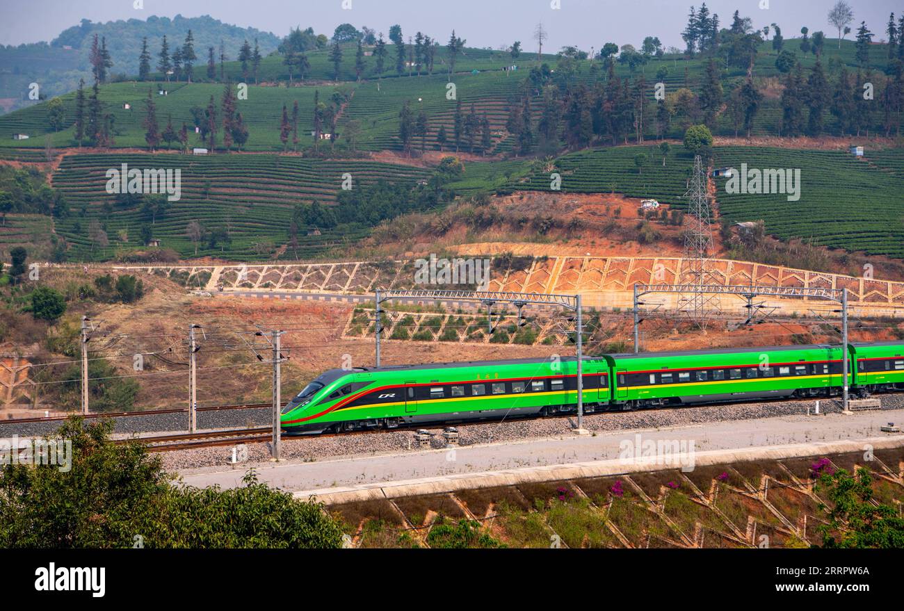 230413 -- KUNMING, 13 aprile 2023 -- il primo treno passeggeri transfrontaliero da Kunming, provincia dello Yunnan della Cina sud-occidentale, alla capitale del Laos Vientiane passa per piantagioni di tè a PU er, provincia dello Yunnan della Cina sud-occidentale, 13 aprile 2023. La ferrovia Cina-Laos ha avviato giovedì i servizi transfrontalieri di passeggeri, una mossa che dovrebbe aumentare la connettività regionale. FOCUS CHINA-KUNMING-LAOS-SERVIZI FERROVIARI-PASSEGGERI CN JIANGXWENYAO PUBLICATIONXNOTXINXCHN Foto Stock