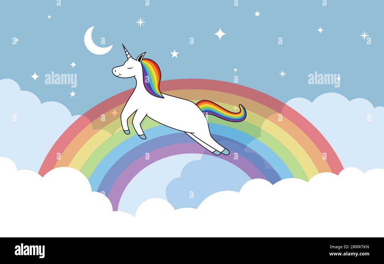 Salta a cavallo dell'unicorno che vola su nuvole arcobaleno stelle di luna sullo sfondo Illustrazione Vettoriale