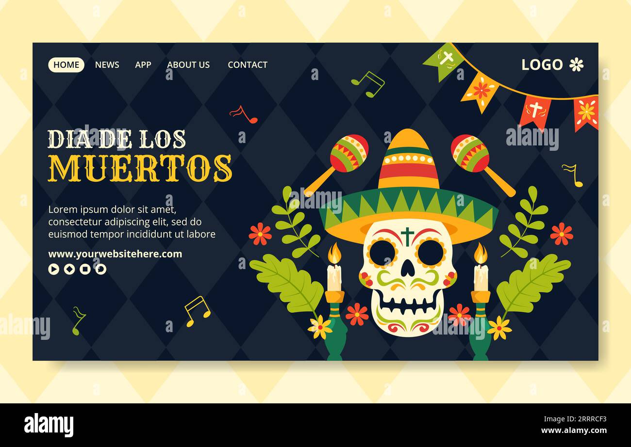 Modello illustrativo cartoni animati Dia de Los Muertos Social Media Landing Page sfondo Illustrazione Vettoriale