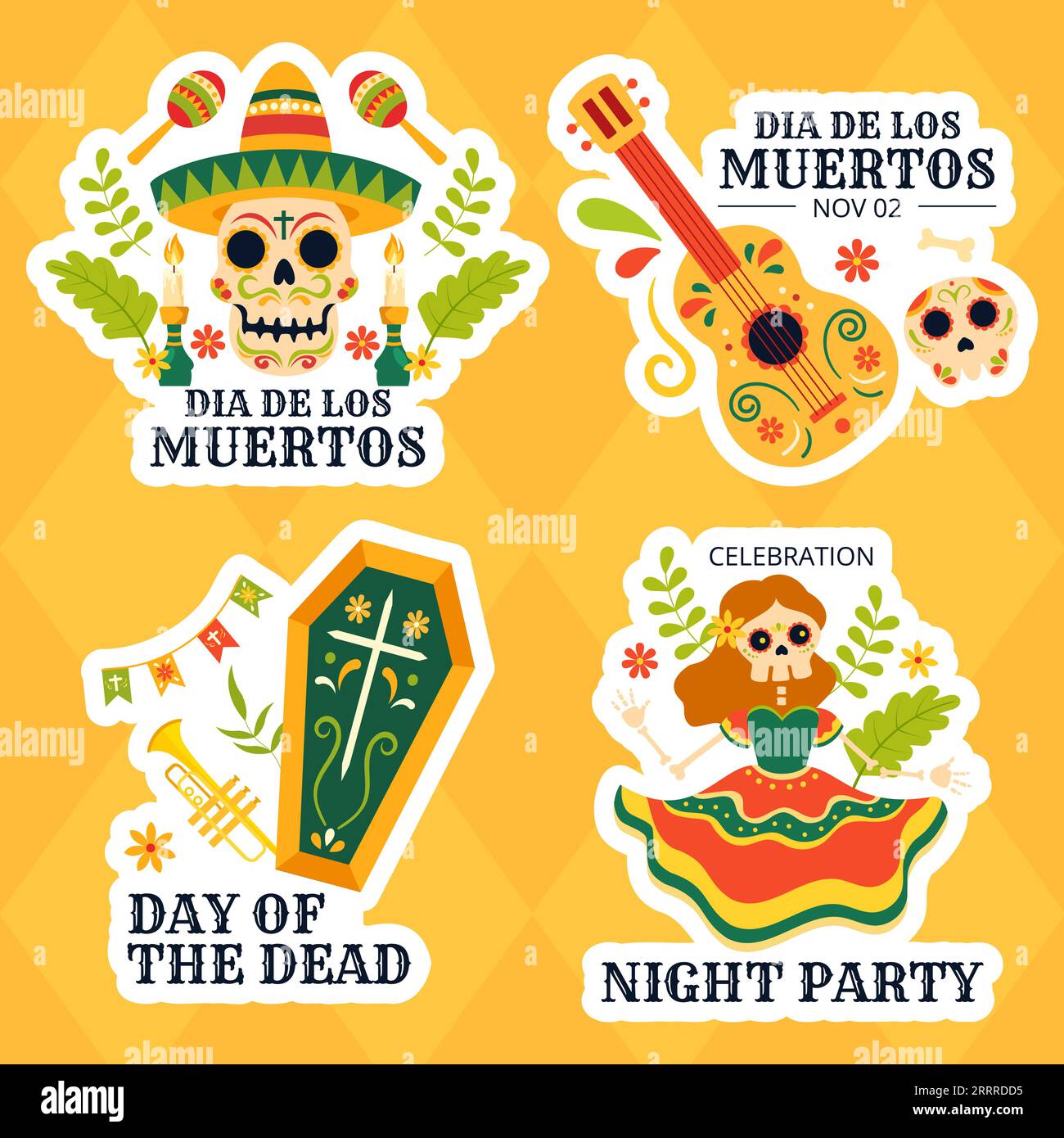 Illustrazione etichetta dia de Los Muertos Cartoon piatto modelli disegnati a mano sfondo Illustrazione Vettoriale