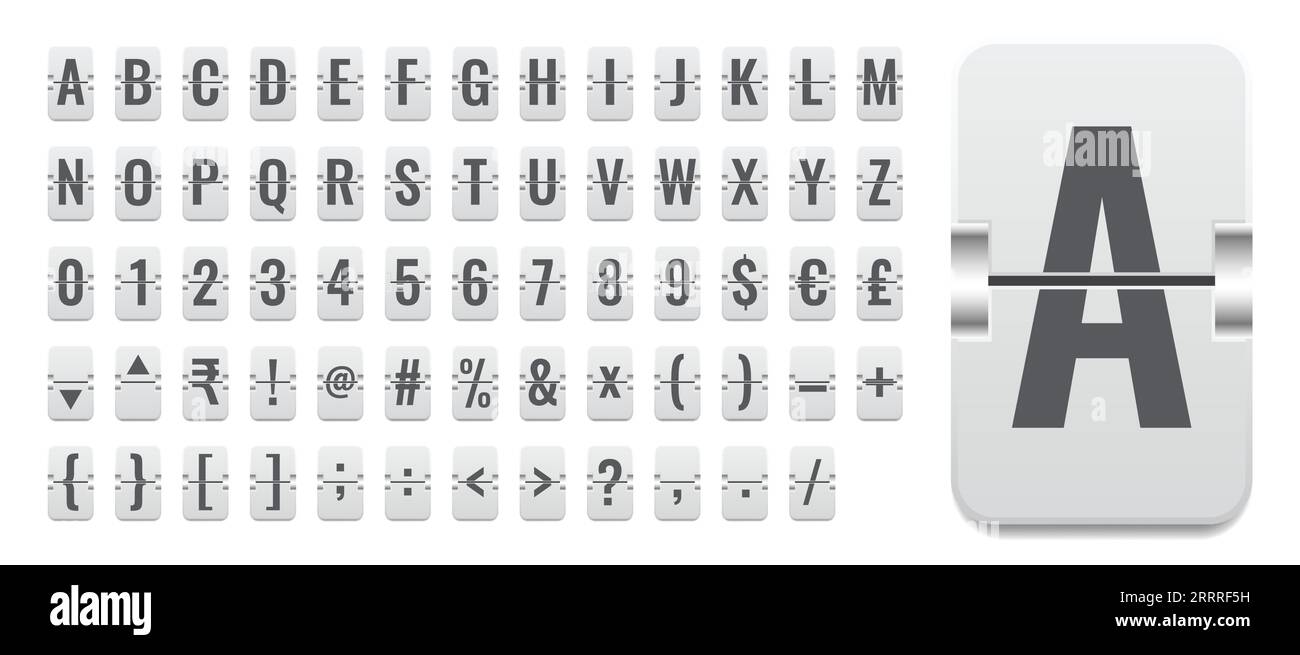 Lavagna a fogli mobili o display tabellone segnapunti alfabetico, numerico e simbolo di borsa Illustrazione Vettoriale