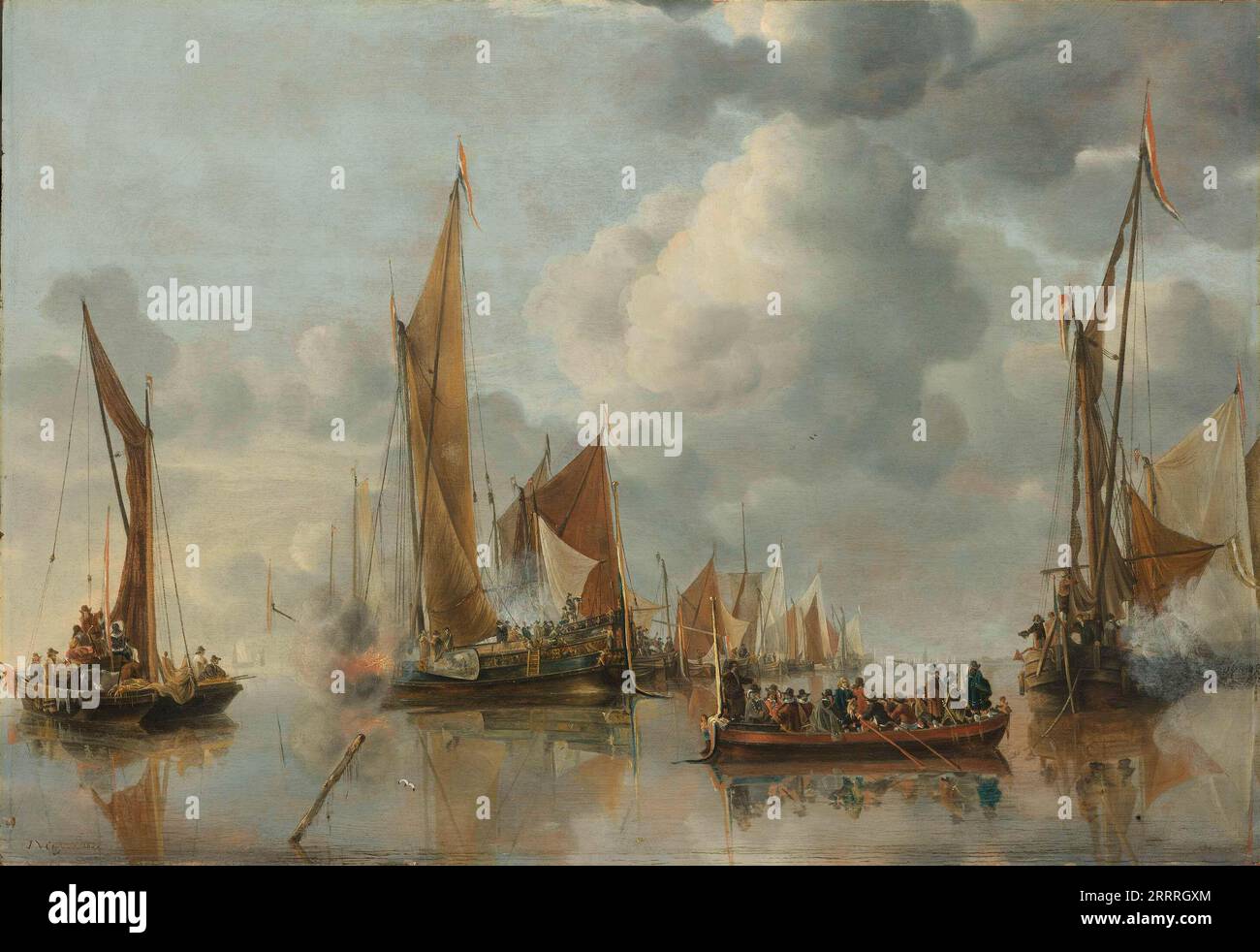 La Home Fleet saluta la State Barge, Jan van de Cappelle, 1650 Una fila di navi si trova all'ancora. Due yacht salutano i funzionari che remono in una chiatta di stato. Foto Stock