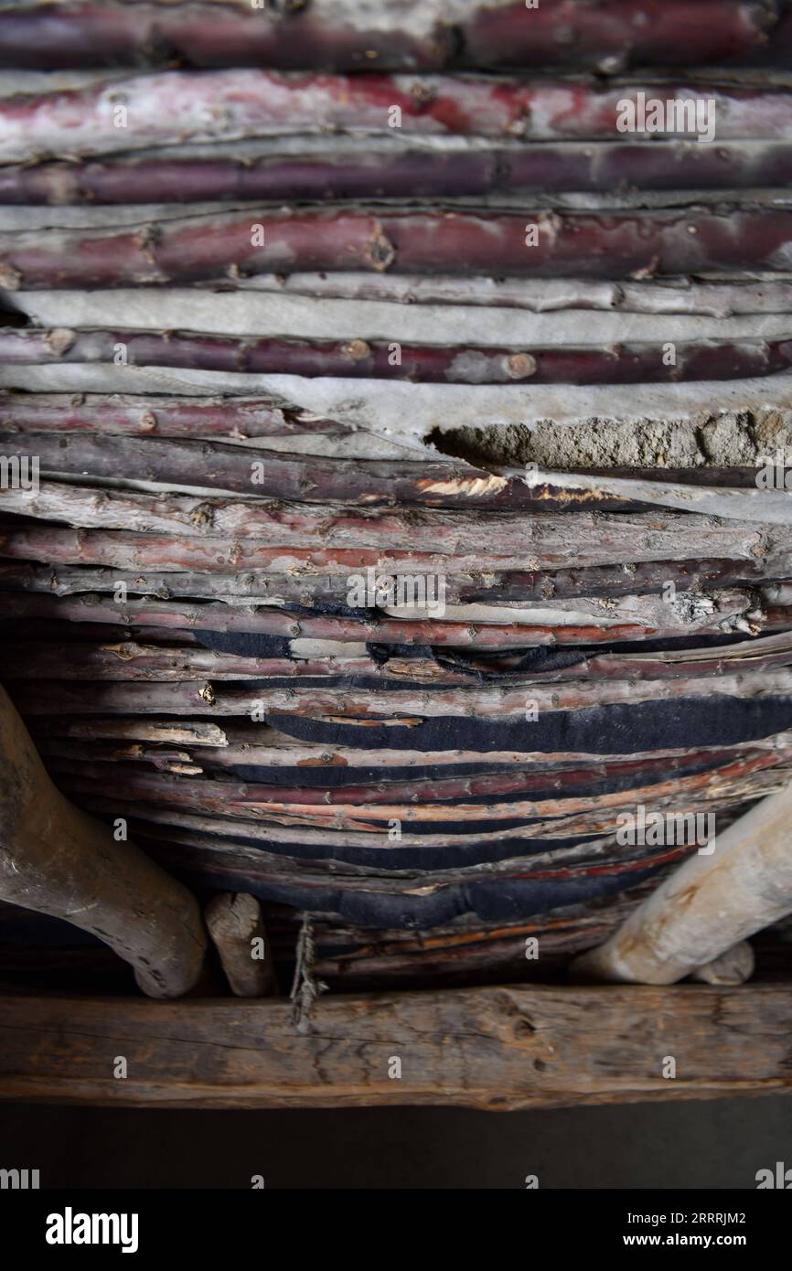 230531 -- NGARI, 31 maggio 2023 -- questa foto scattata il 28 maggio 2023 mostra il tetto realizzato con rami di alberi di una casa obsoleta di seconda generazione nel villaggio di Demqog, Zhaxigang Township, Gar County nella prefettura di Ngari, nella regione autonoma del Tibet della Cina sud-occidentale. Seduto al sole fuori della sua residenza nel villaggio di Demqog, Zhaxigang Township, Gar County nella prefettura di Ngari in Tibet, Losang Zhamdu, 84 anni, raccontò la storia delle cinque case in cui aveva vissuto. Io e mia madre vivevamo insieme in una tenda fatta di capelli di yak, tutti i nostri averi erano una giacca di pelliccia di capra e una coperta tibetana usurata, ricordati Foto Stock