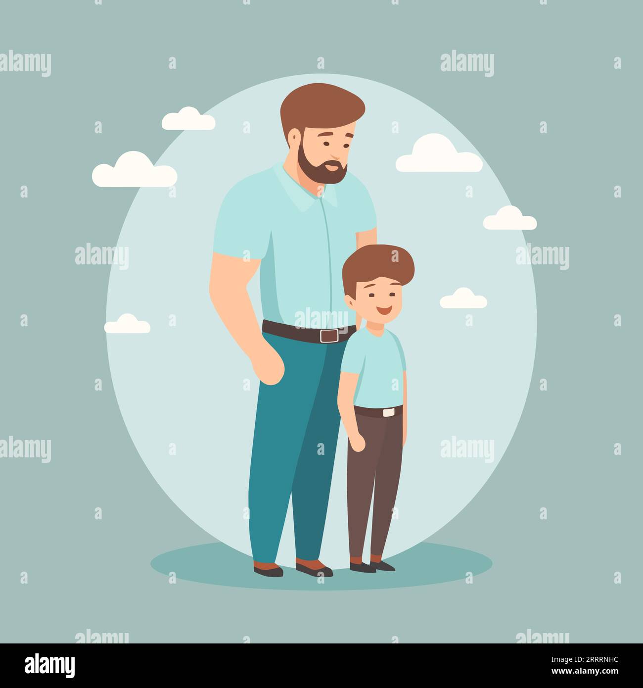 Il design piatto del giorno del padre, papà in piedi dietro l'illustrazione del figlio isolato dallo sfondo Illustrazione Vettoriale