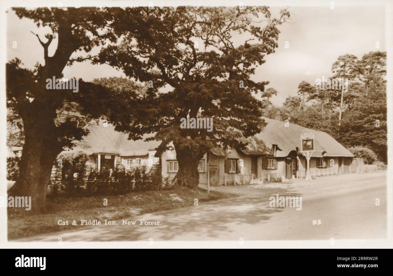 Cartolina d'epoca del Cat and Fiddle Inn nella New Forest nell'Hampshire, Inghilterra. Foto Stock