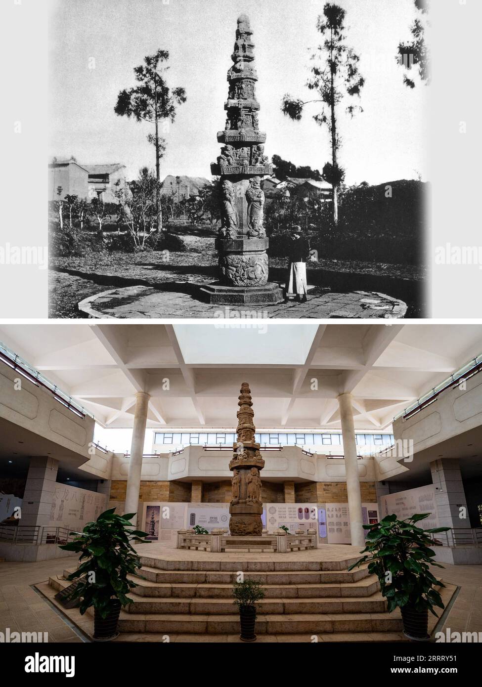 230617 -- KUNMING, 17 giugno 2023 -- sopra: Questa foto non datata fornita dal fotografo cinese Yin Xiaojun mostra un pilastro di sutra, un pilastro di pietra inciso con le scritture buddiste, circa un secolo fa a Kunming, nella provincia dello Yunnan della Cina sud-occidentale. Di seguito: Questa foto scattata il 14 giugno 2023 dal fotografo Xinhua mostra il pilastro sutra esposto nel Kunming Museum, che è costruito sul sito originale del pilastro, a Kunming, nella provincia dello Yunnan nella Cina sud-occidentale. Il diplomatico francese Auguste Francois venne a Kunming nel 1899. Durante i suoi 5 anni di permanenza in città, ha scattato migliaia di foto con la sua Foto Stock