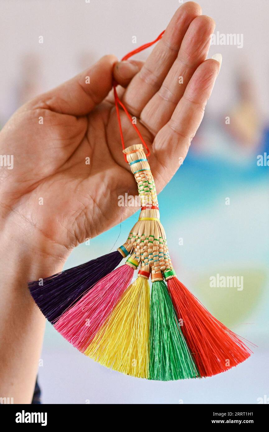 230622 -- CHANGCHUN, 22 giugno 2023 -- Rong Fengming controlla un artigianato di scopa nella città di Yushutai di Siping City, provincia di Jilin della Cina nord-orientale, 21 giugno 2023. Rong Fengming, 63 anni, è un artigiano locale che produce scopa che vive nella città di Yushutai di Siping, nel nord-est della Cina, a Jilin. Fino ad ora, le abilità di fabbricazione della scopa tradizionale sono state tramandate nella famiglia Rong per sei generazioni. L'artigianato della scopa che Rong ha realizzato spazia da grandi scope lunghe oltre 4 metri a minuscole scope usate come decorazioni. Come strumento di pulizia creato da antichi cinesi con una lunga storia, la scopa ha portato il Foto Stock