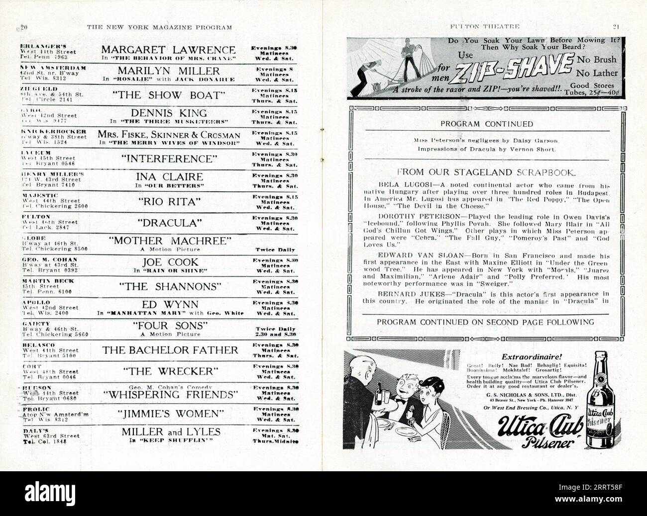 Due pagine interne del programma per la settimana a partire da lunedì 2 aprile 1928 per BELA LUGOSI EDWARD VAN SLOAN BERNARD JUKES DOROTHY PETERSON NEDDA HARRIGAN e HELEN MACK nella produzione teatrale statunitense originale di DRACULA The Vampire Play drammatizzata da Hamilton Deane e John Balderston dal romanzo di Bram Stoker prodotto da Horace Liveright al Fulton Theatre , 46th Street Just West of Broadway dove ha aperto il 5 ottobre 1927 e chiuso nel maggio 1928 dopo 261 spettacoli Foto Stock