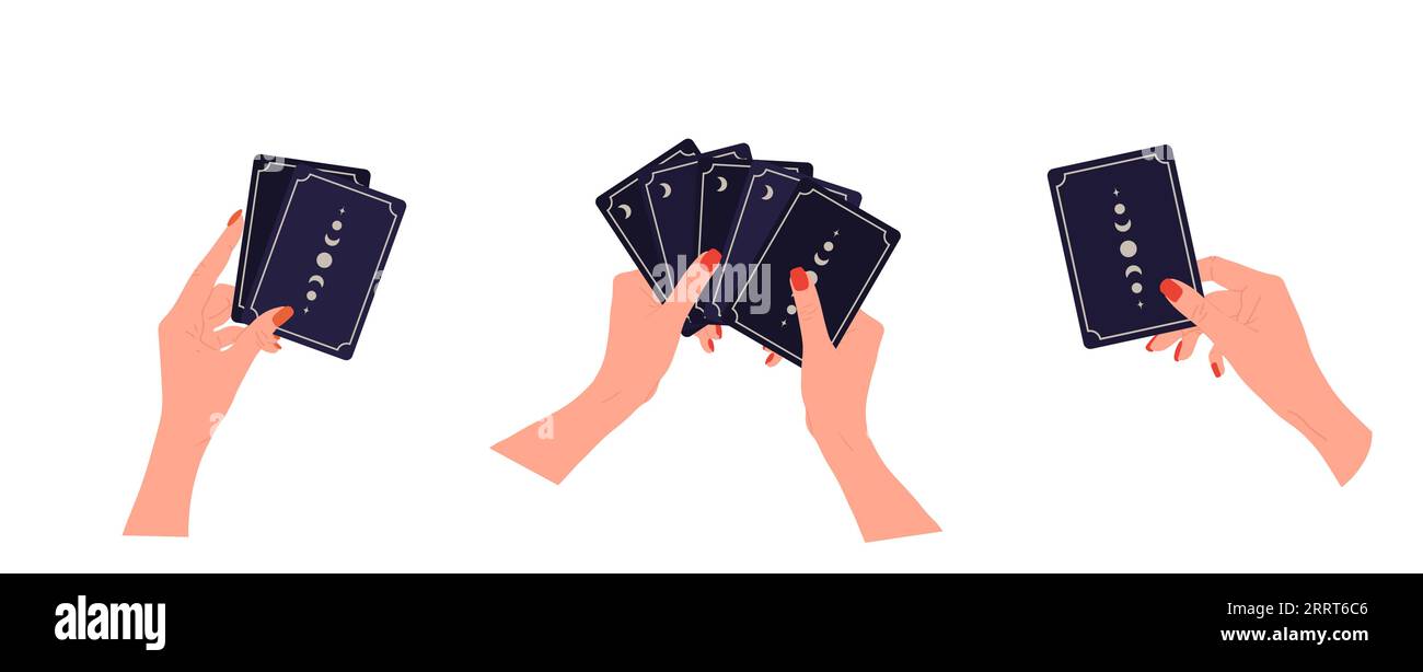 Mani che tengono le carte dei tarocchi con la luna boho. Indovina donna che predice il futuro. Magia ed esoterica. Serie di illustrazioni vettoriali in cartone animato piatto Illustrazione Vettoriale