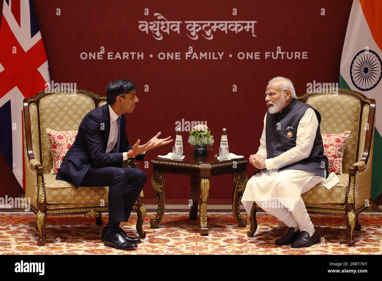 Il primo ministro Rishi Sunak (a sinistra) durante un incontro bilaterale con il primo ministro indiano Narendra modi durante il vertice del G20 a nuova Delhi, in India. Data immagine: Venerdì 8 settembre 2023. Foto Stock